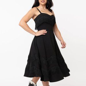 Black Fringe Girlie Retro Pinup Goth Rockabilly Dress by Unique Vintage